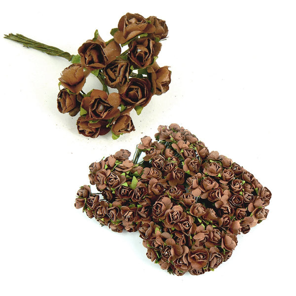 Paper Roses - 12pcs - approx 1cm heads - Chocolate Brown